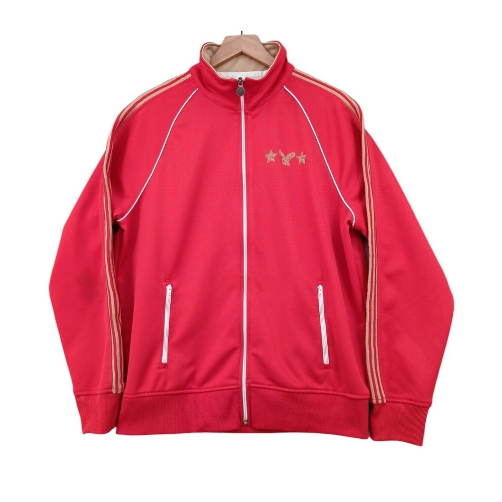 American‎ Eagle Varsity Jacket Mens L Red Full Zip Gold Trim Embroidered *Flaws